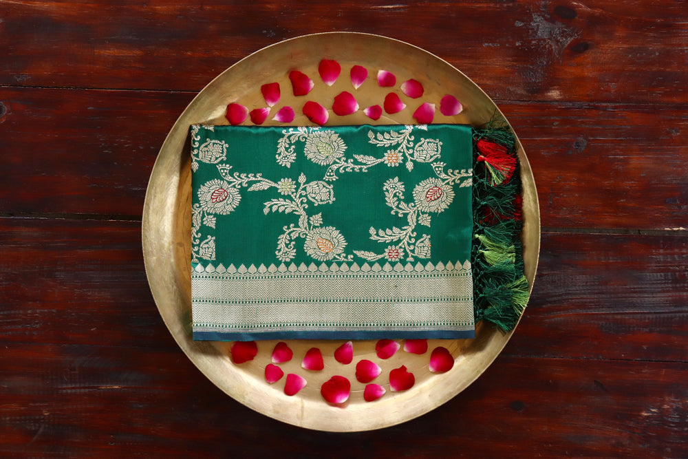 Bottle Green pure Katan silk Banarasi dupatta with scrolling vines and florals in continuous Jangla layout.