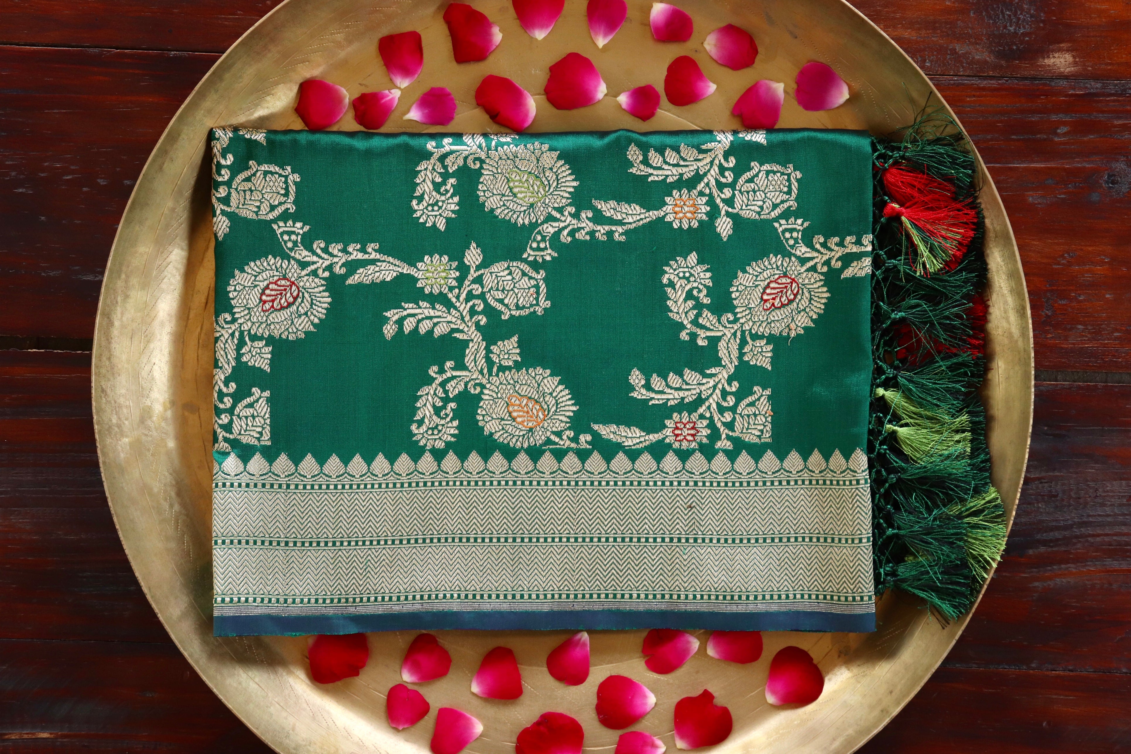 Bottle Green Jangla Pure Silk Handloom Banarasi Dupatta