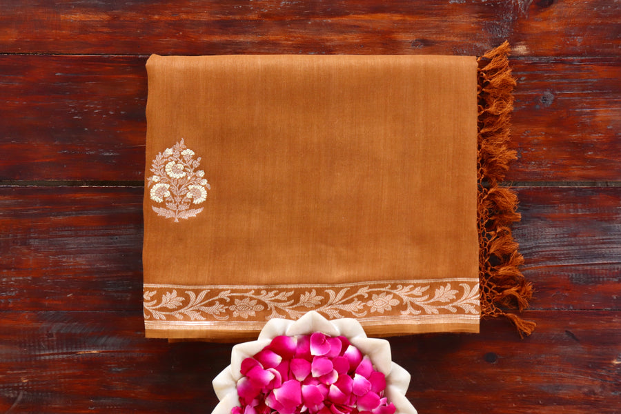 Brown Munga silk Banarasi saree with thread-by-thread motifs, draped for the camera.
