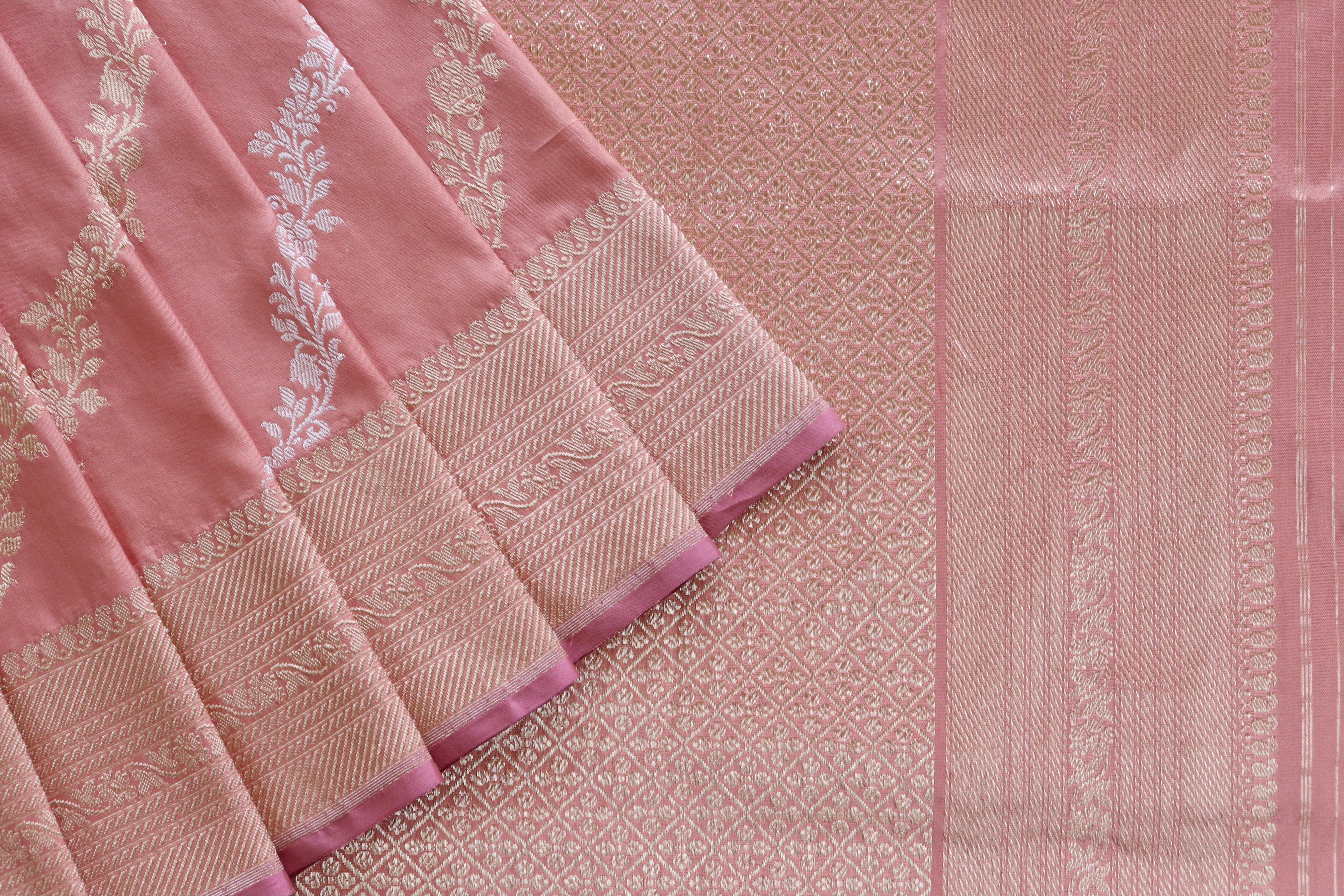 Salmon Pink Aada Jangla Pure Katan Silk Banarasi Saree