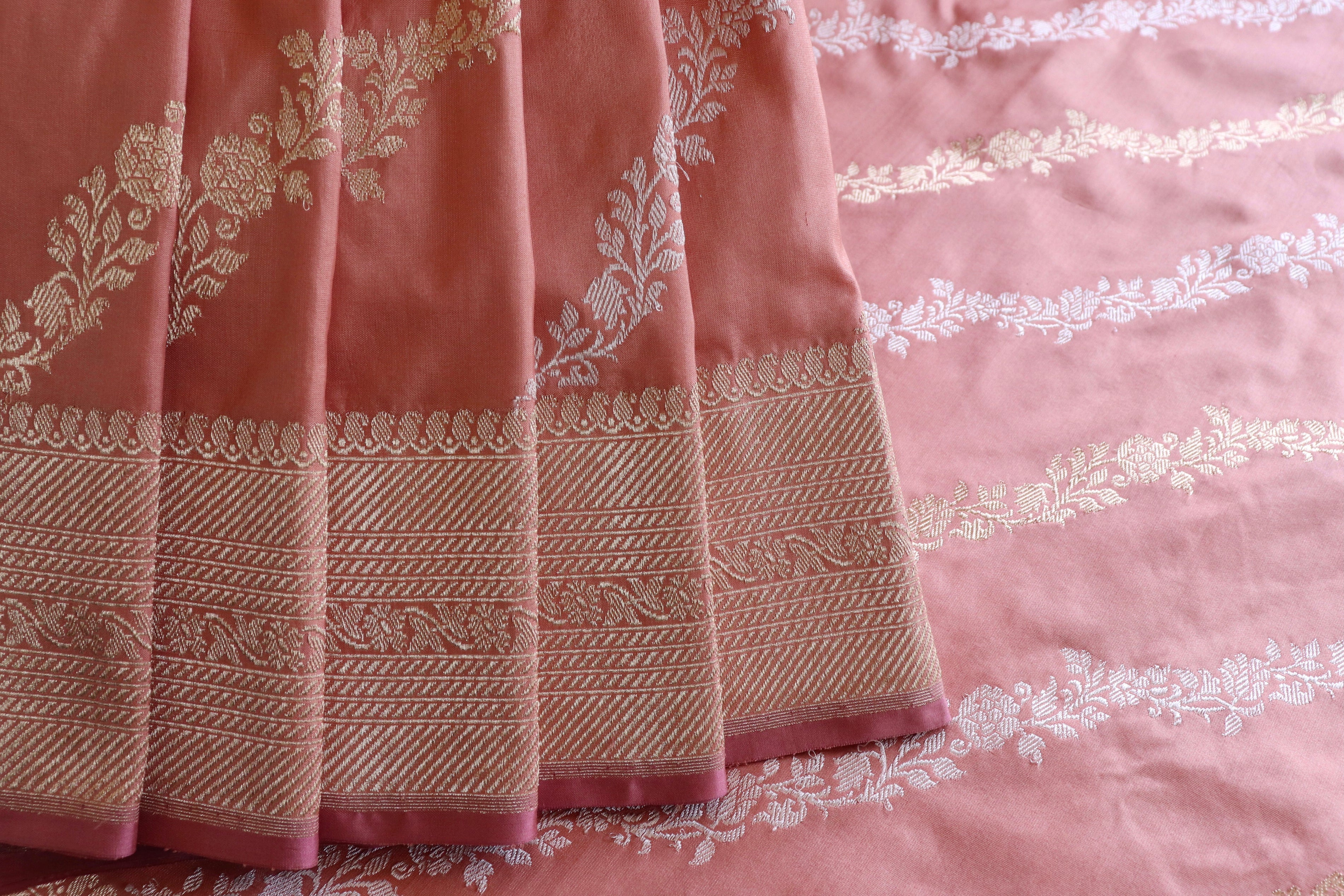 Salmon Pink Aada Jangla Pure Katan Silk Banarasi Saree