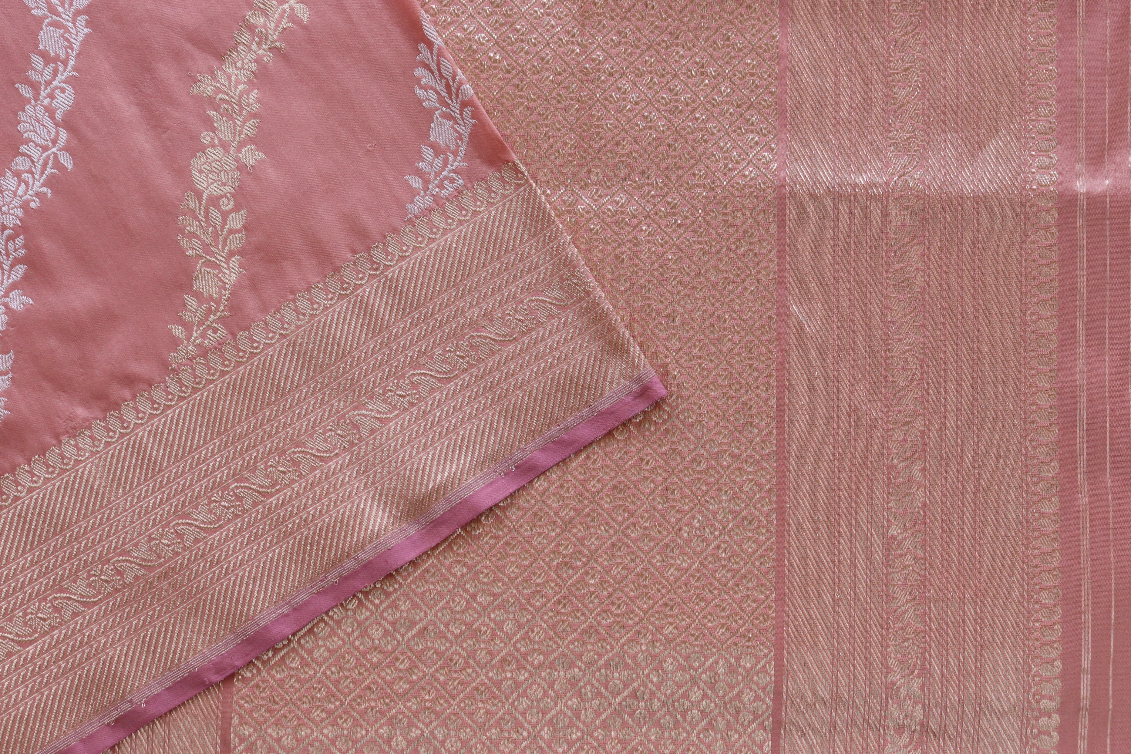 Salmon Pink Aada Jangla Pure Katan Silk Banarasi Saree