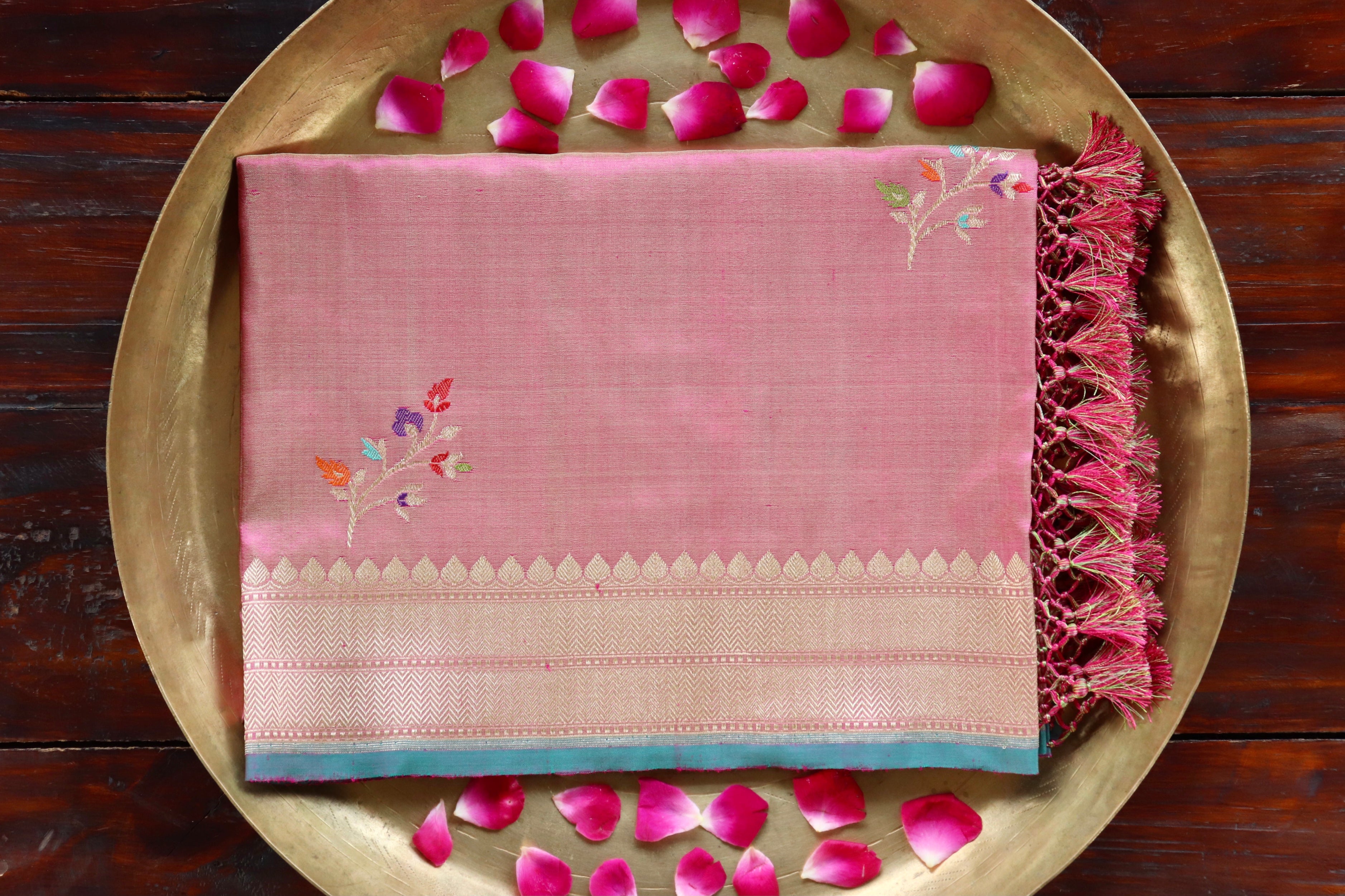 Blush Pink Leaf Motif Pure Silk Handloom Banarasi Dupatta