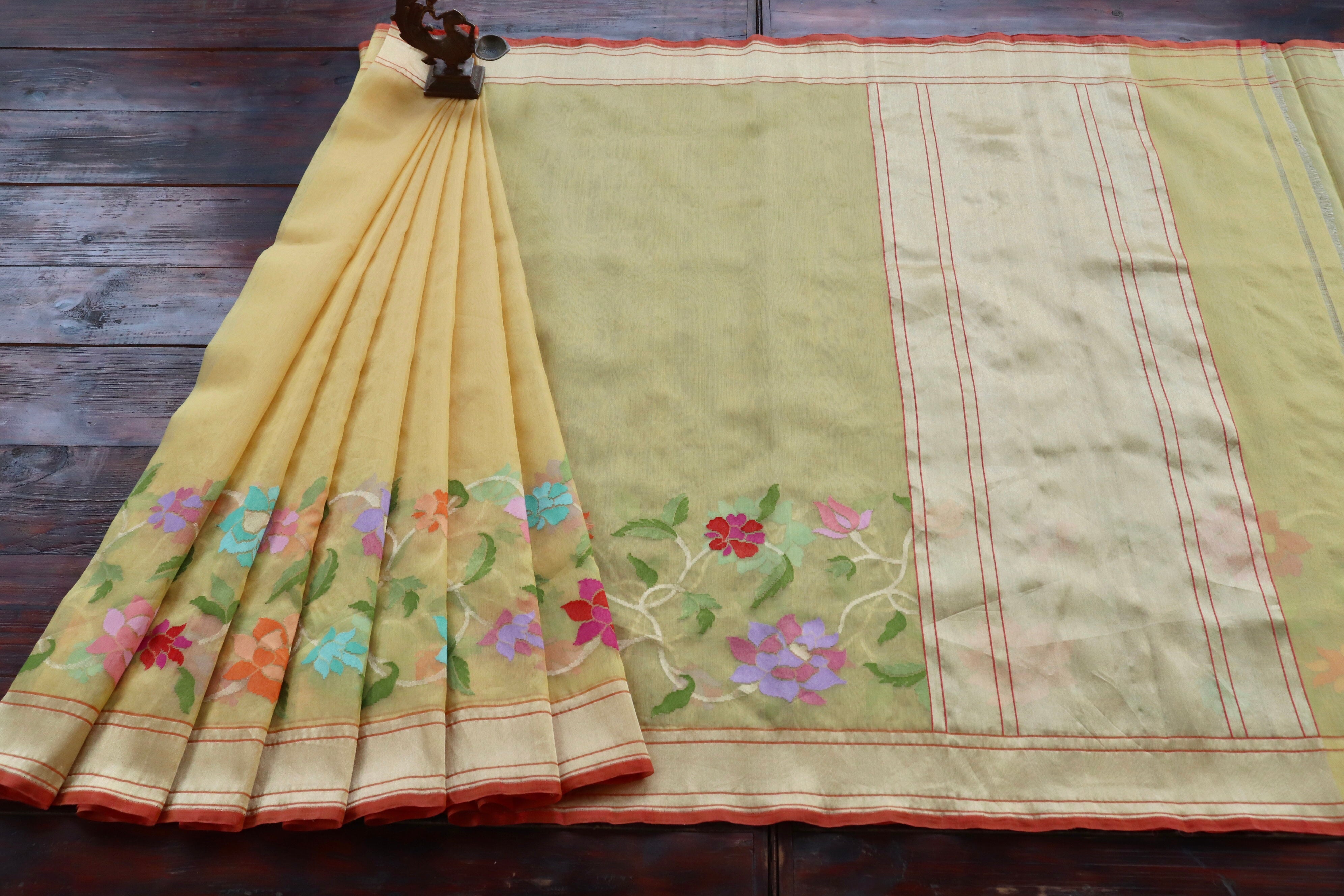 Yellow Pure Kora Silk Handloom Banarasi Saree