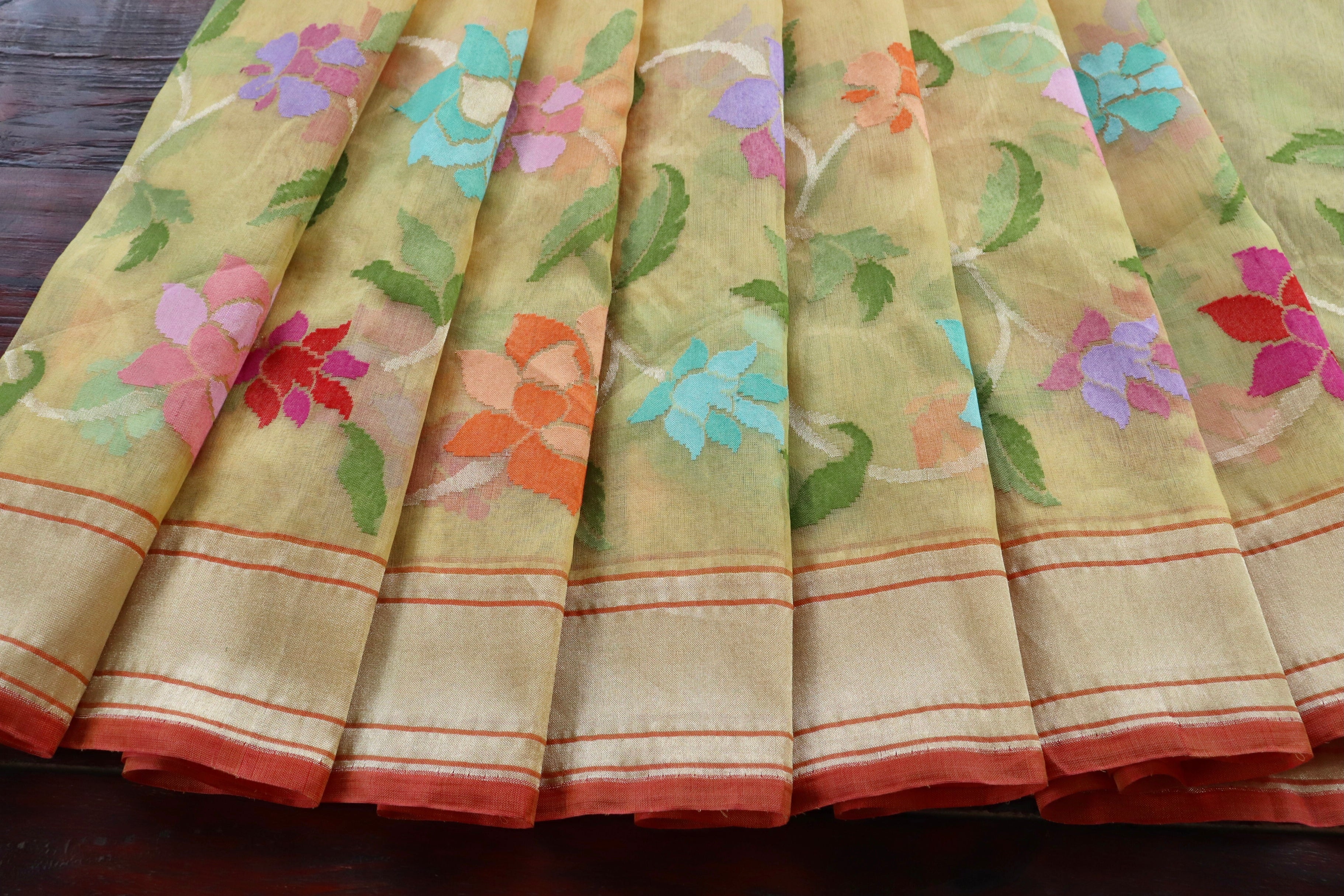 Yellow Pure Kora Silk Handloom Banarasi Saree