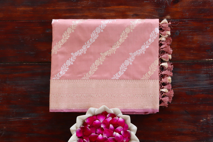 Salmon Pink pure Katan silk Banarasi saree with scrolling vines and florals in continuous Jangla layout, draped for the camera.