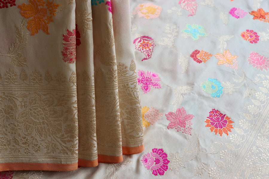 Pallu detail of Ivory Kimkhab Banarasi saree