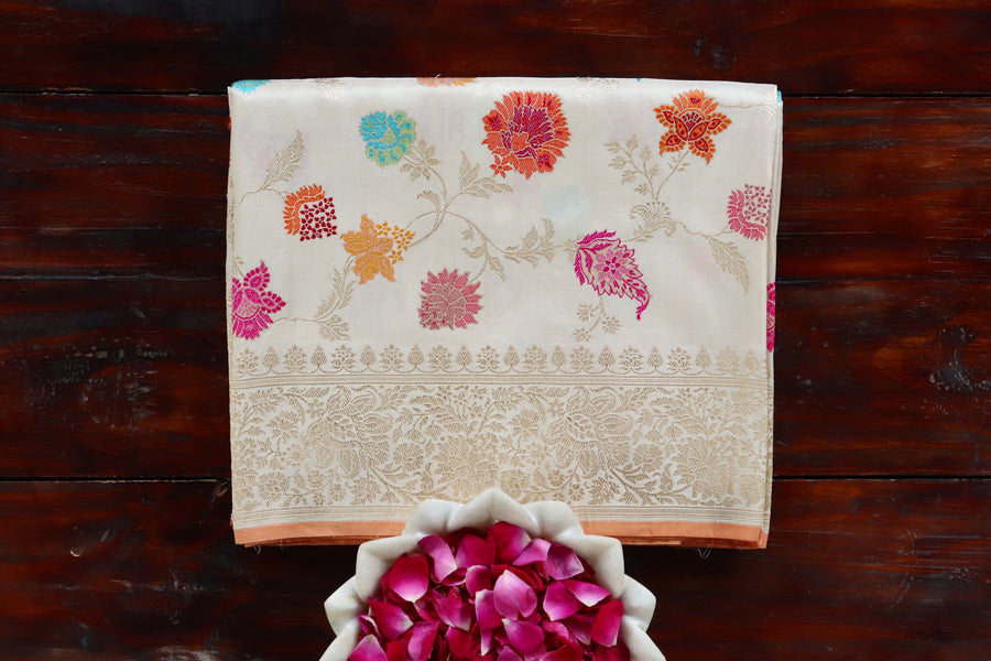 Ivory handloom Banarsi saree with kimkhab motifs in pure silk