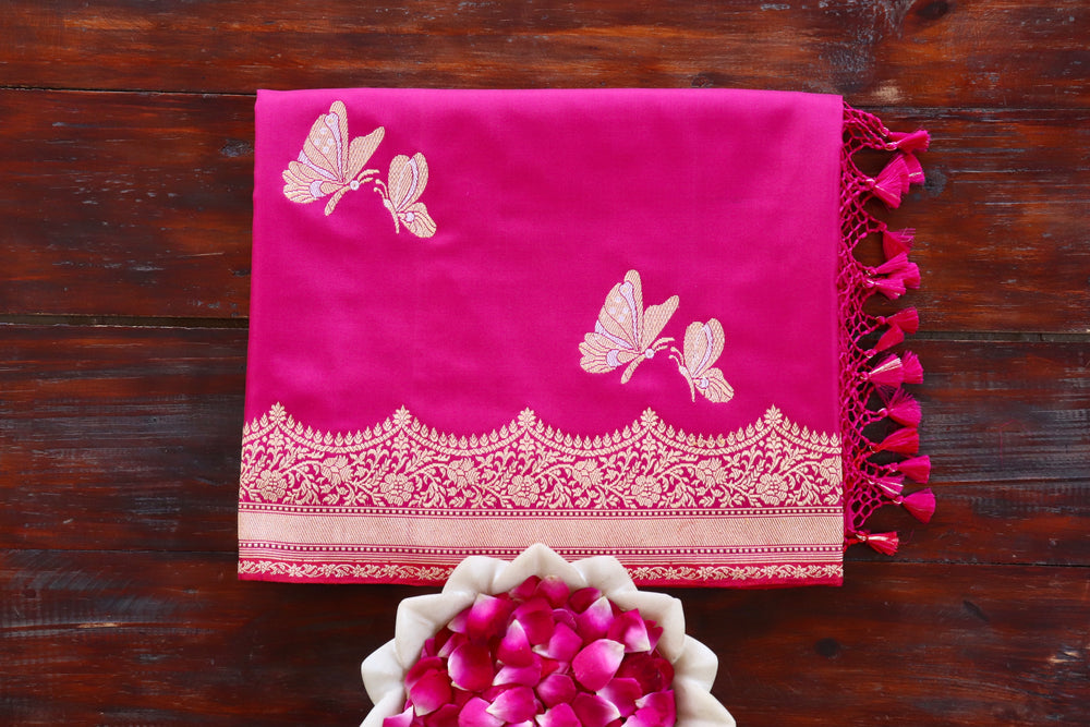 handloom Banarsi saree with butterfly motifs in pure silk