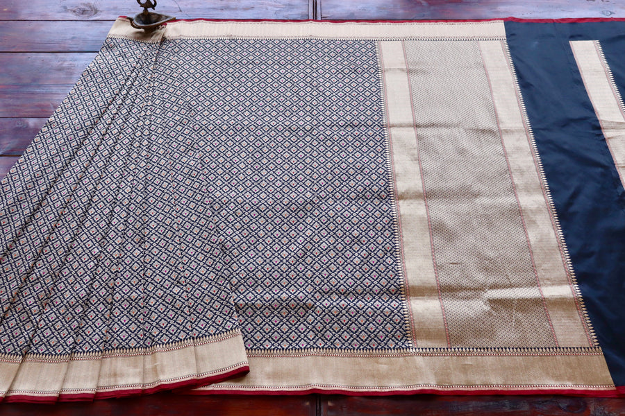 Black Meenadar Handwoven Banarasi Tanchoi Silk Saree