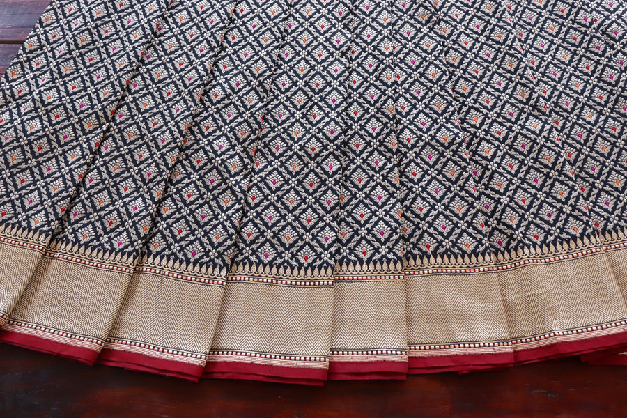 Black Meenadar Handwoven Banarasi Tanchoi Silk Saree