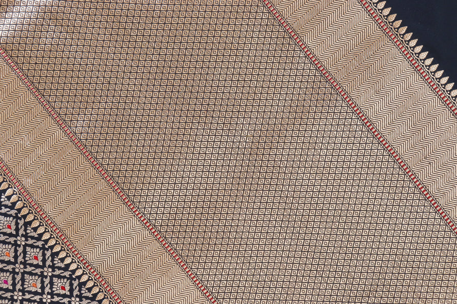 Black Meenadar Handwoven Banarasi Tanchoi Silk Saree