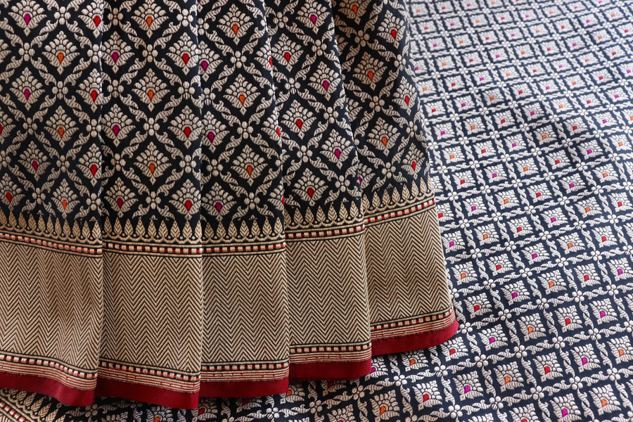 Black Meenadar Handwoven Banarasi Tanchoi Silk Saree