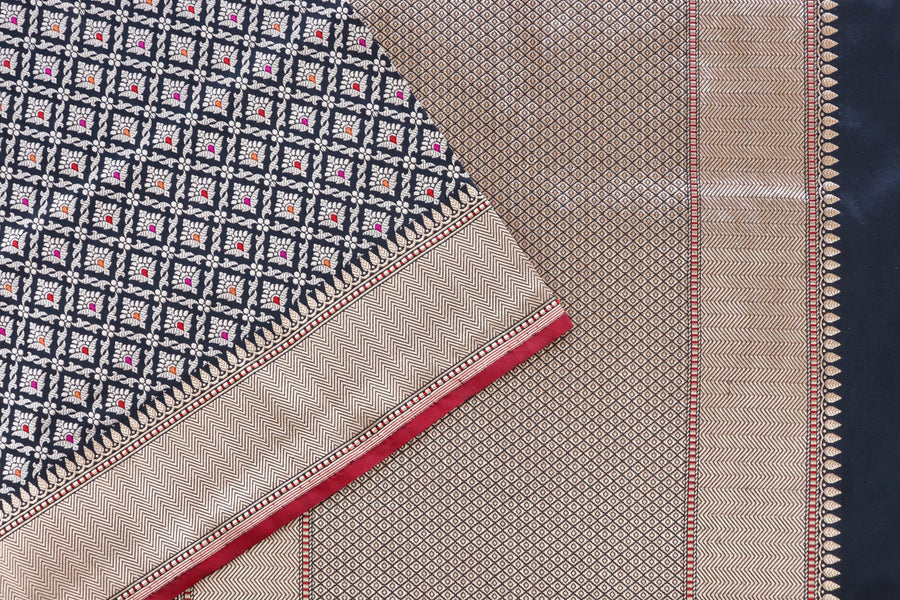 Black Meenadar Handwoven Banarasi Tanchoi Silk Saree