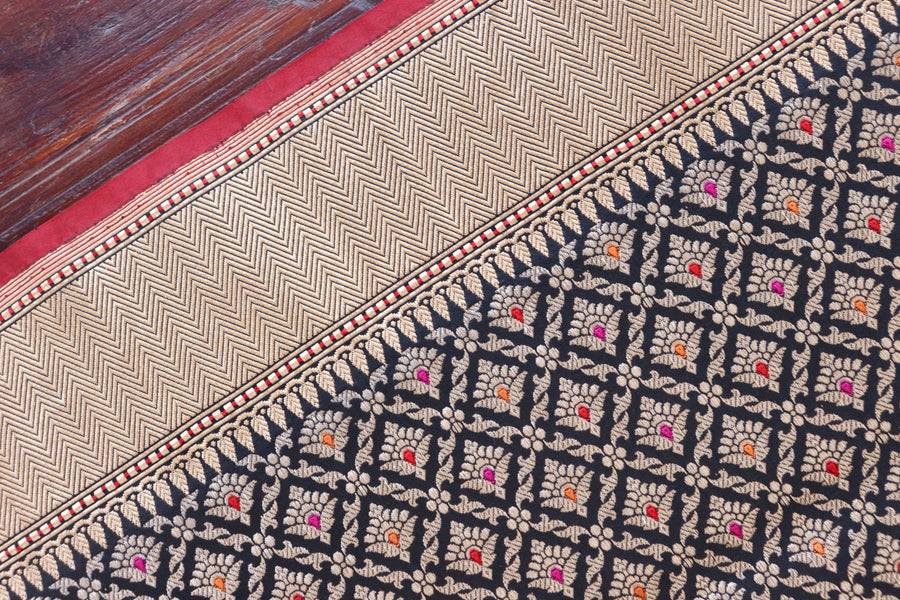 Black Meenadar Handwoven Banarasi Tanchoi Silk Saree