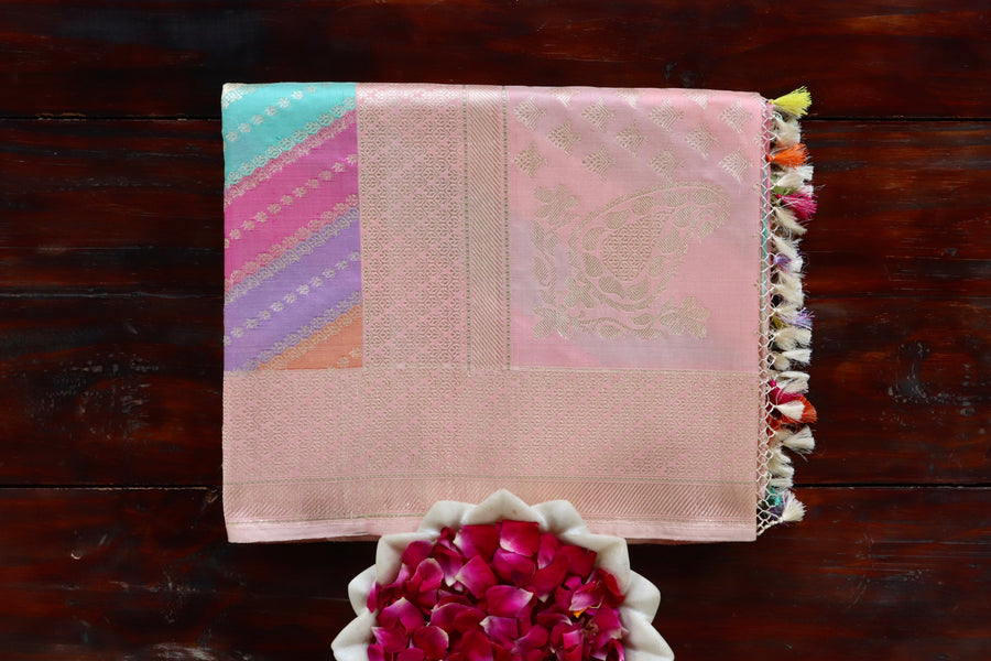 Multicolor handloom Banarsi saree with rangkaat motifs in pure silk