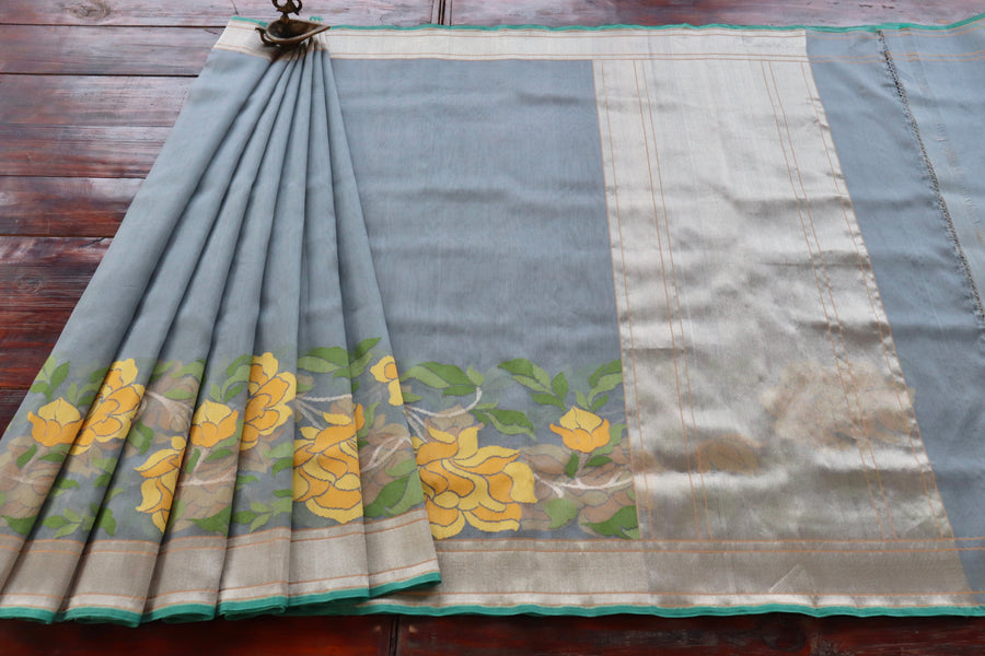 Grey With Yellow Flowers Pure Kora Silk Handloom Banarasi Saree