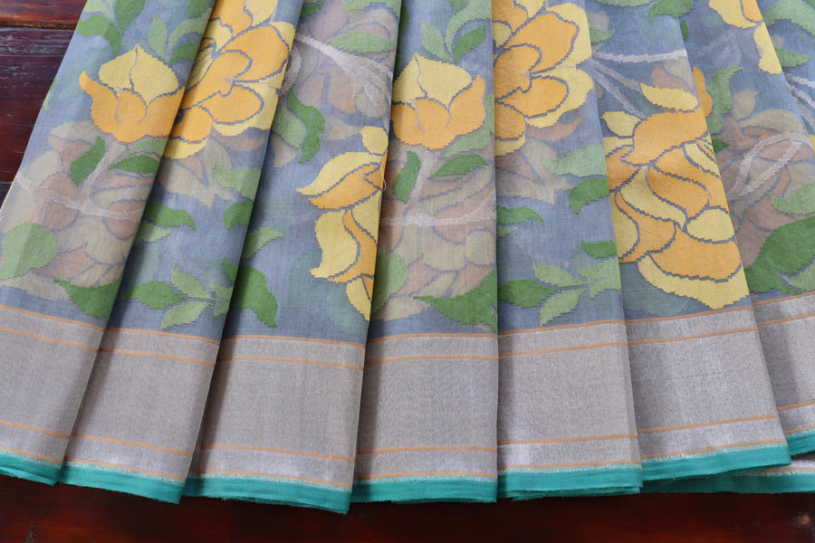 Grey With Yellow Flowers Pure Kora Silk Handloom Banarasi Saree