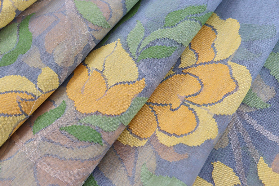 Grey With Yellow Flowers Pure Kora Silk Handloom Banarasi Saree