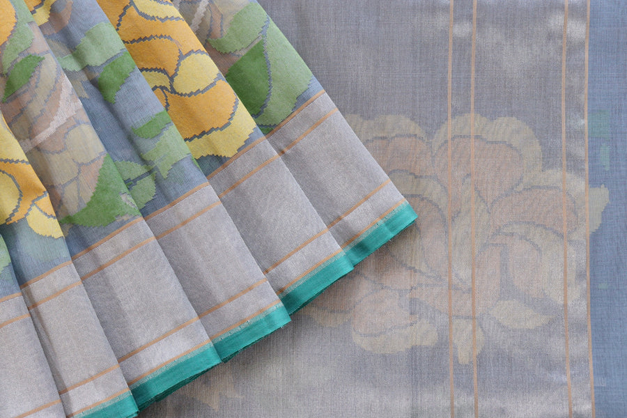 Grey With Yellow Flowers Pure Kora Silk Handloom Banarasi Saree