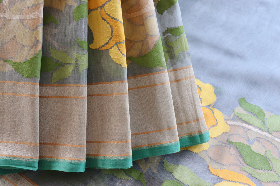 Grey With Yellow Flowers Pure Kora Silk Handloom Banarasi Saree