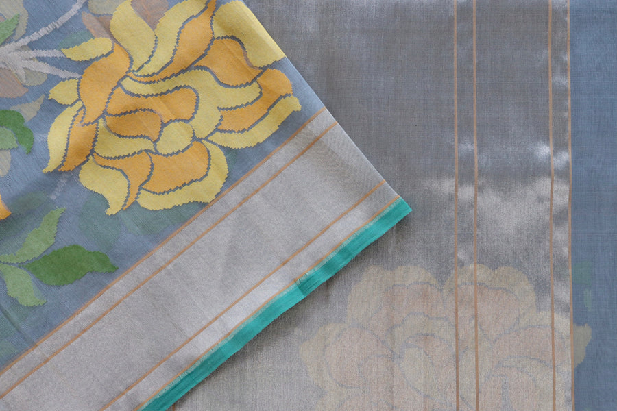 Grey With Yellow Flowers Pure Kora Silk Handloom Banarasi Saree