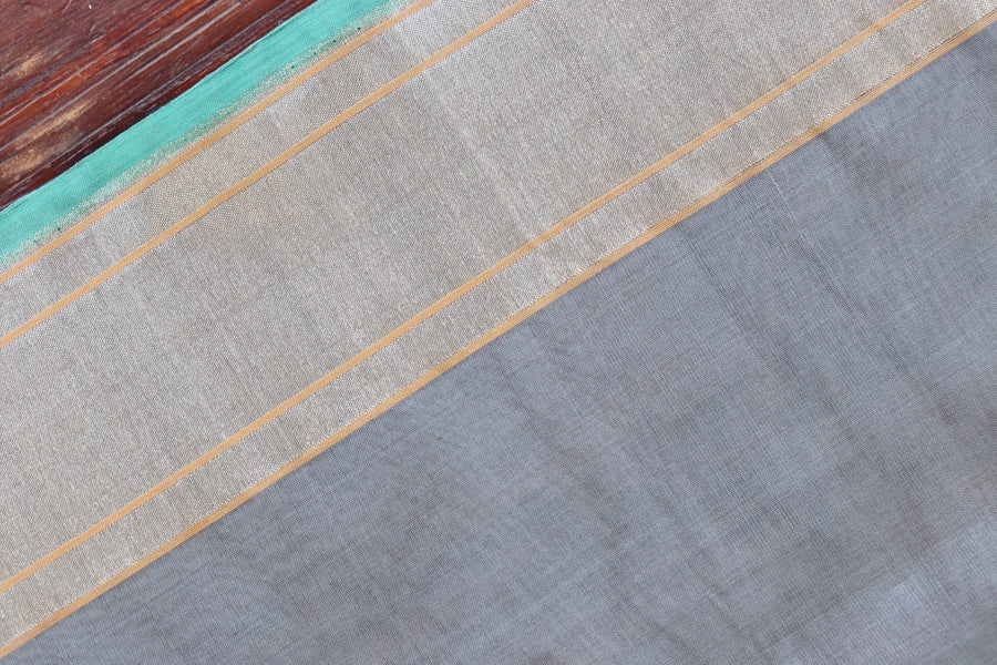Grey With Yellow Flowers Pure Kora Silk Handloom Banarasi Saree