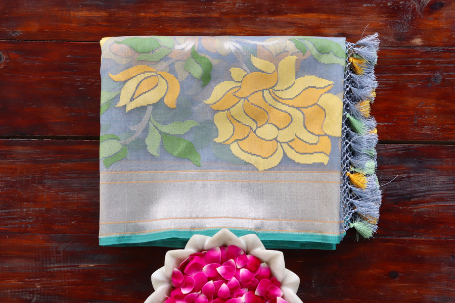 Grey handloom Banarsi saree in pure Kora silk