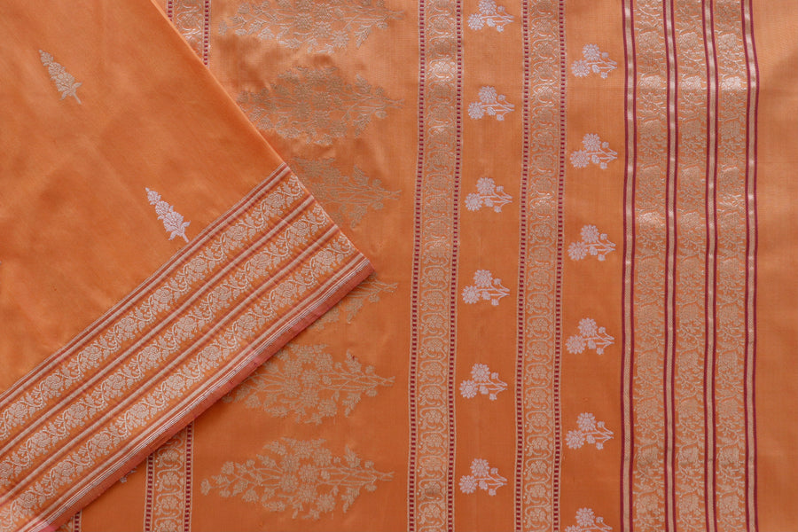 Coral Orange Kadhua Motif Pure Silk Banarasi Saree | Stuti Weaves