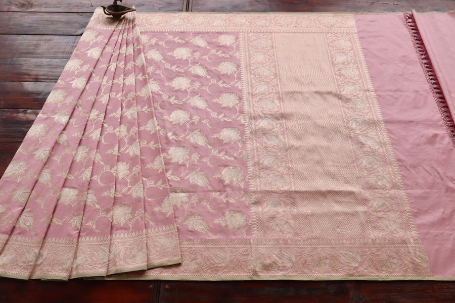 Soft Pink Chinar Jangla Pure Silk Banarasi Saree | Stuti Weaves