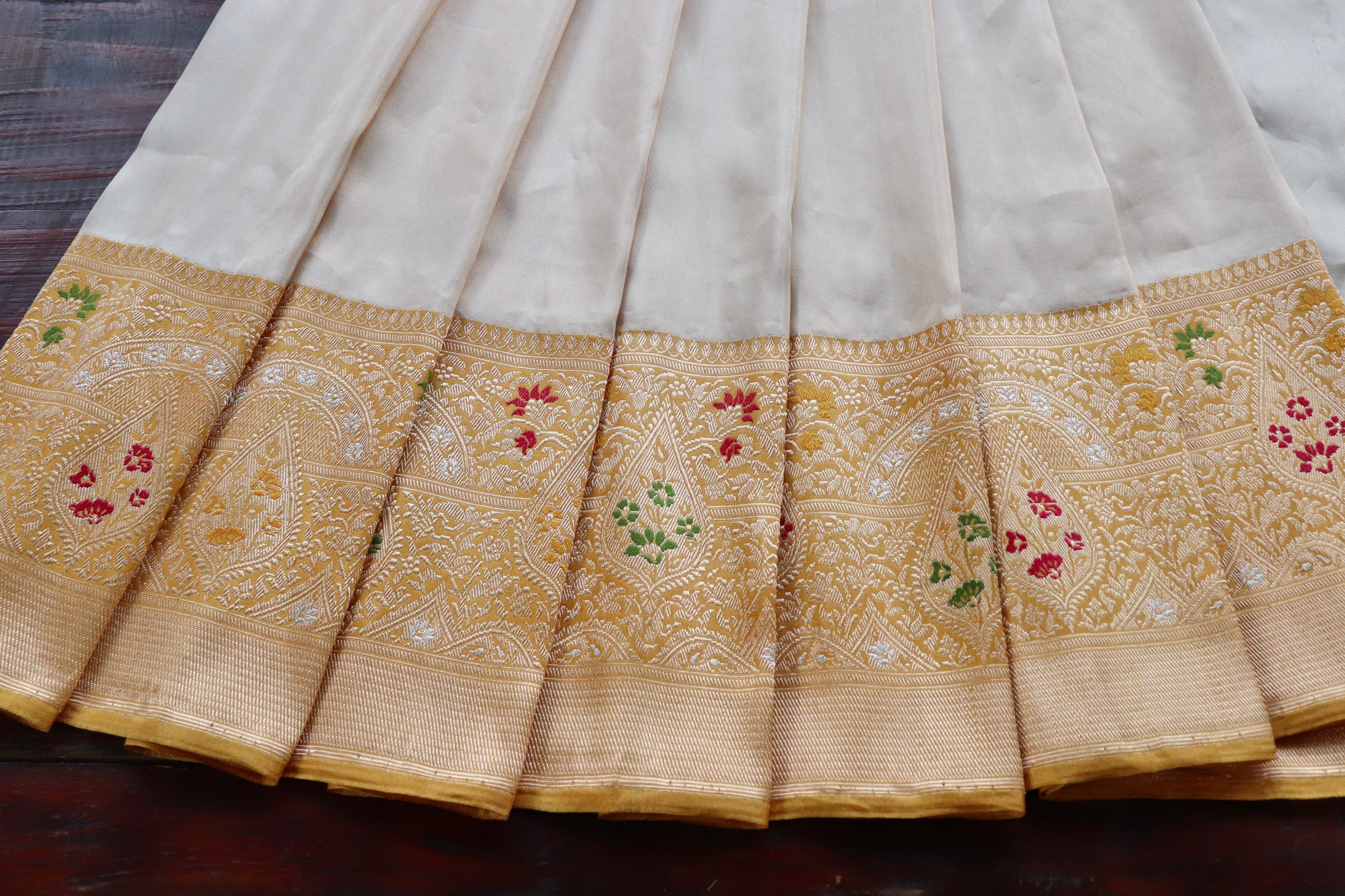 Ivory & Mustard Tissue With Meenadar Silk Kadiyal Banarasi Saree