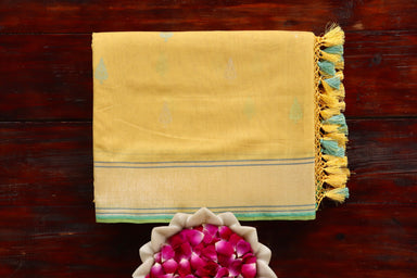 Yellow handloom Banarsi saree with kadhua motifs in cotton