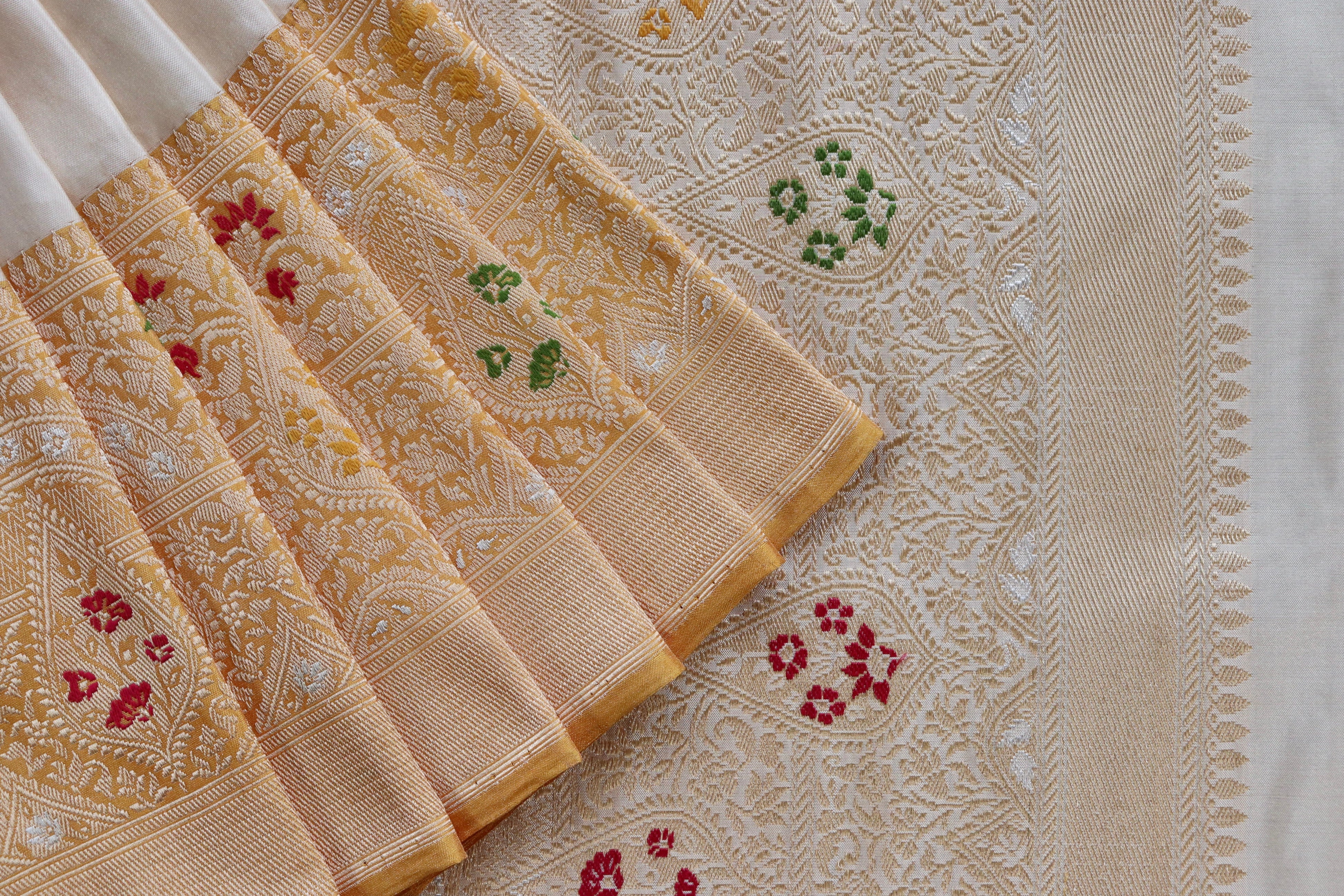 Ivory & Mustard Tissue With Meenadar Silk Kadiyal Banarasi Saree