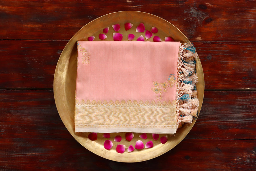 Peach Munga silk Banarasi dupatta with meenakari motifs in coloured silk and zari.