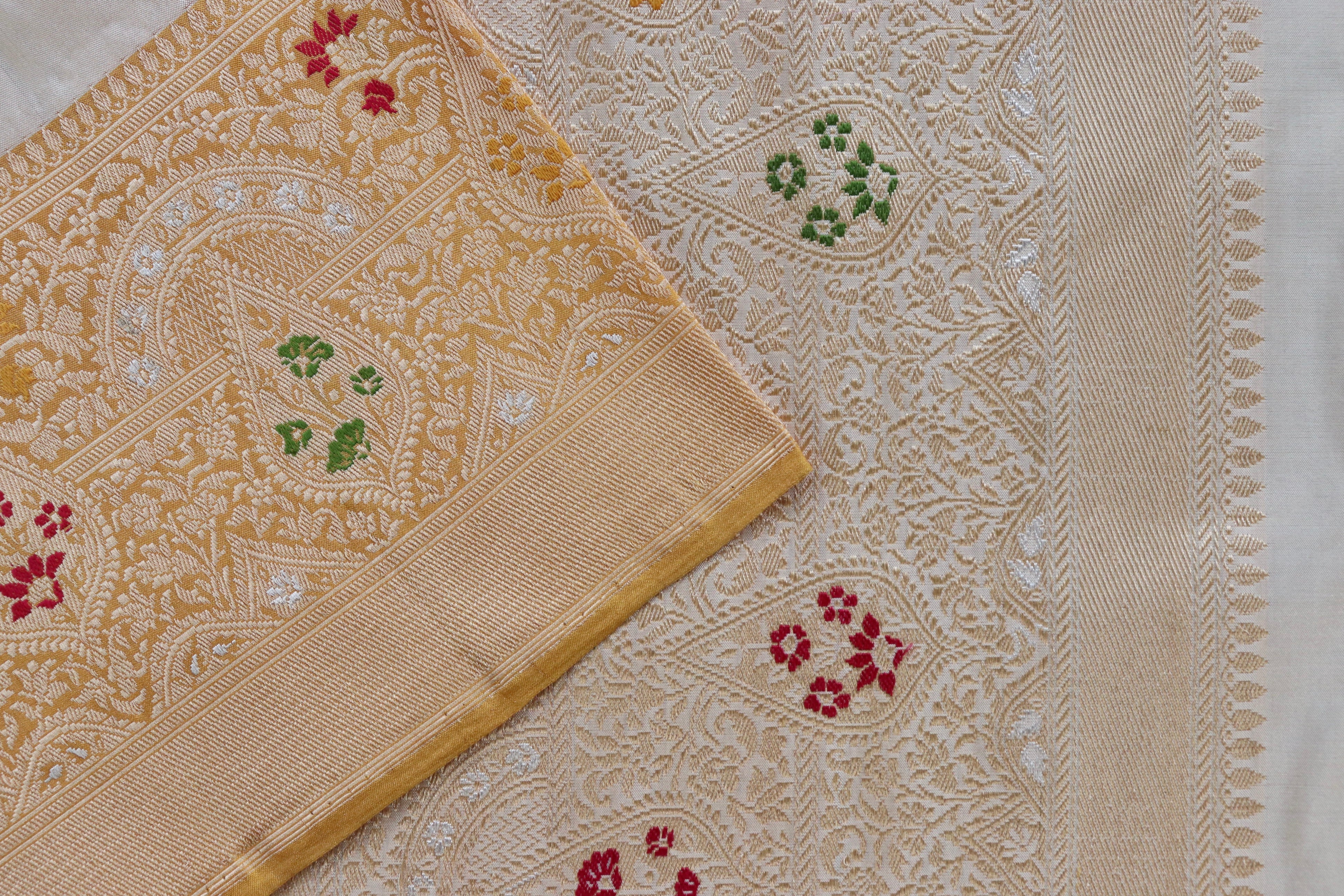 Ivory & Mustard Tissue With Meenadar Silk Kadiyal Banarasi Saree