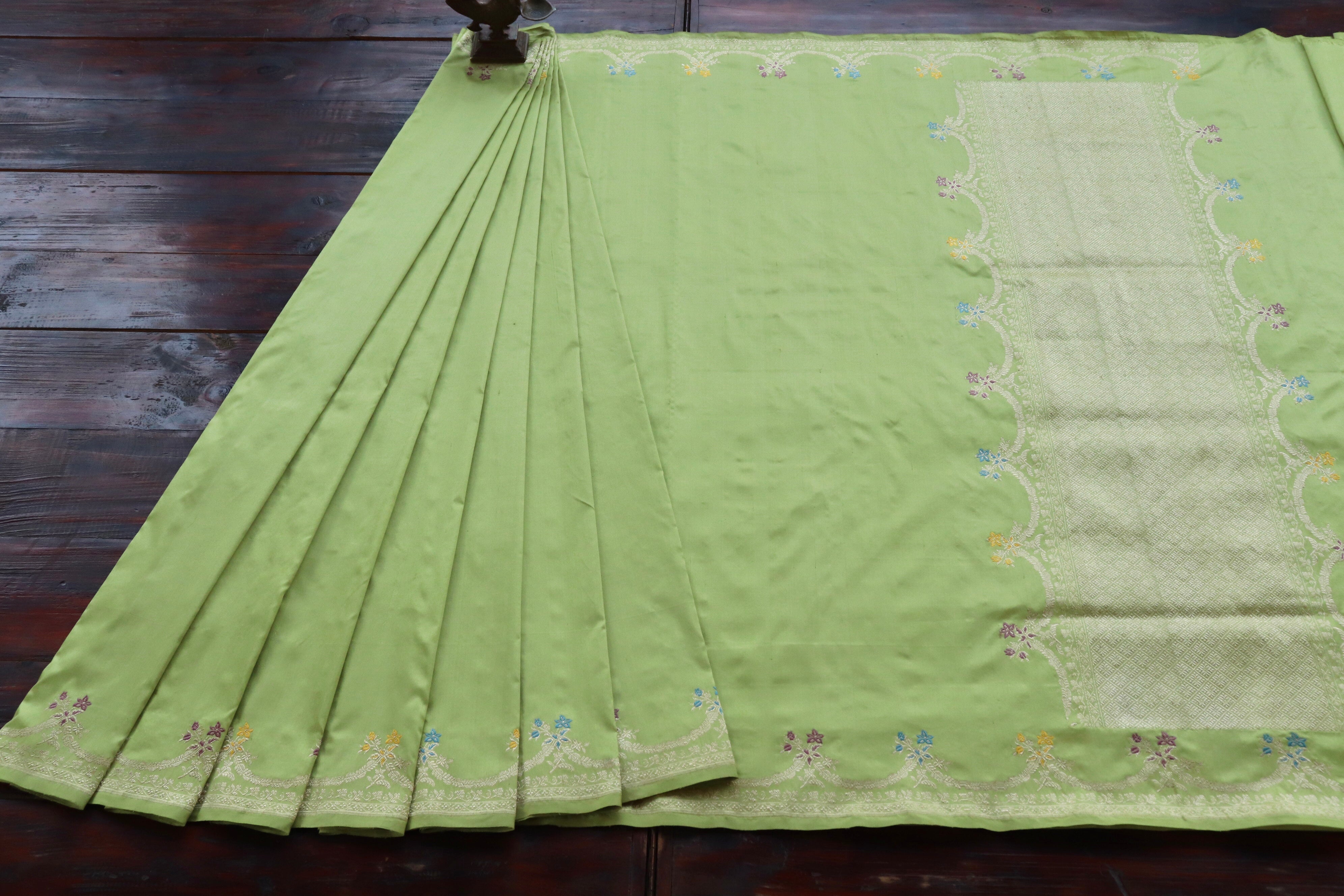 Lime Green Meenadar Kadhua Banarasi Handwoven Silk Sarees