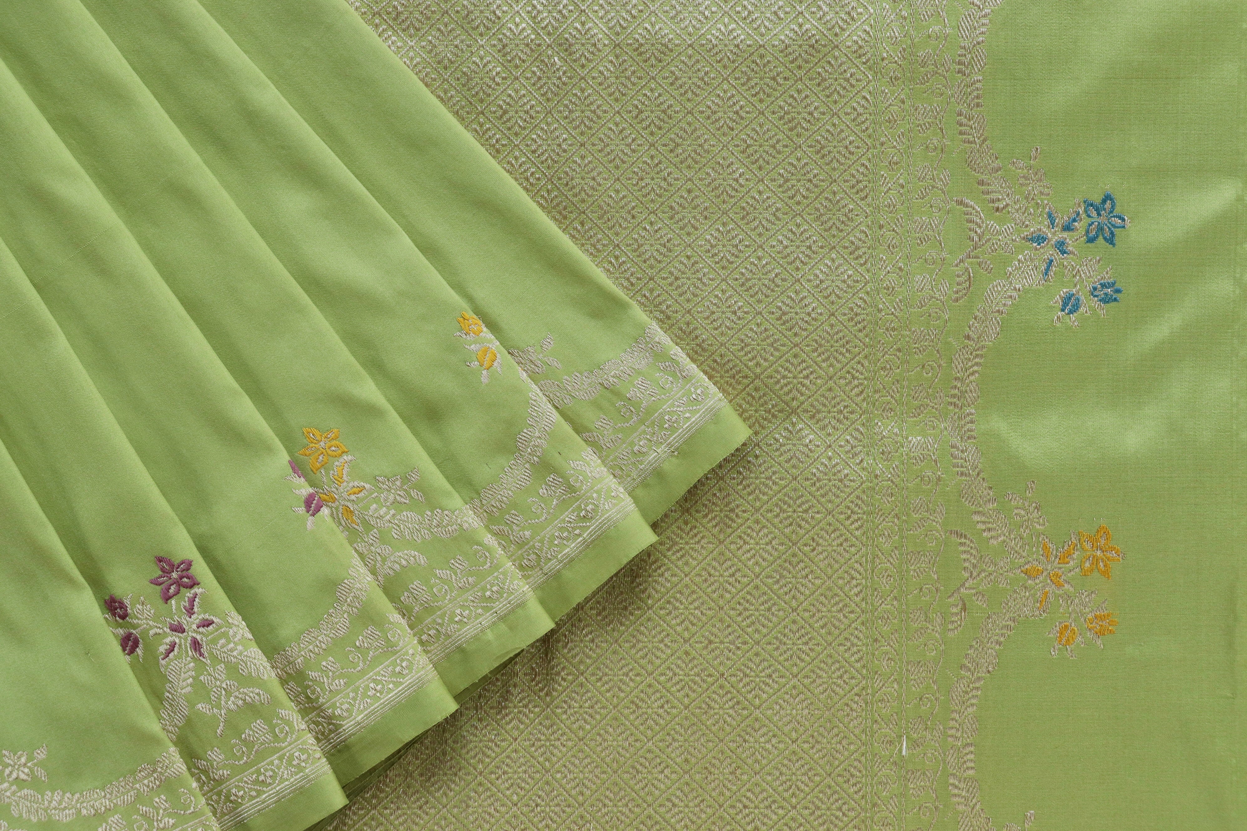 Lime Green Meenadar Kadhua Banarasi Handwoven Silk Sarees