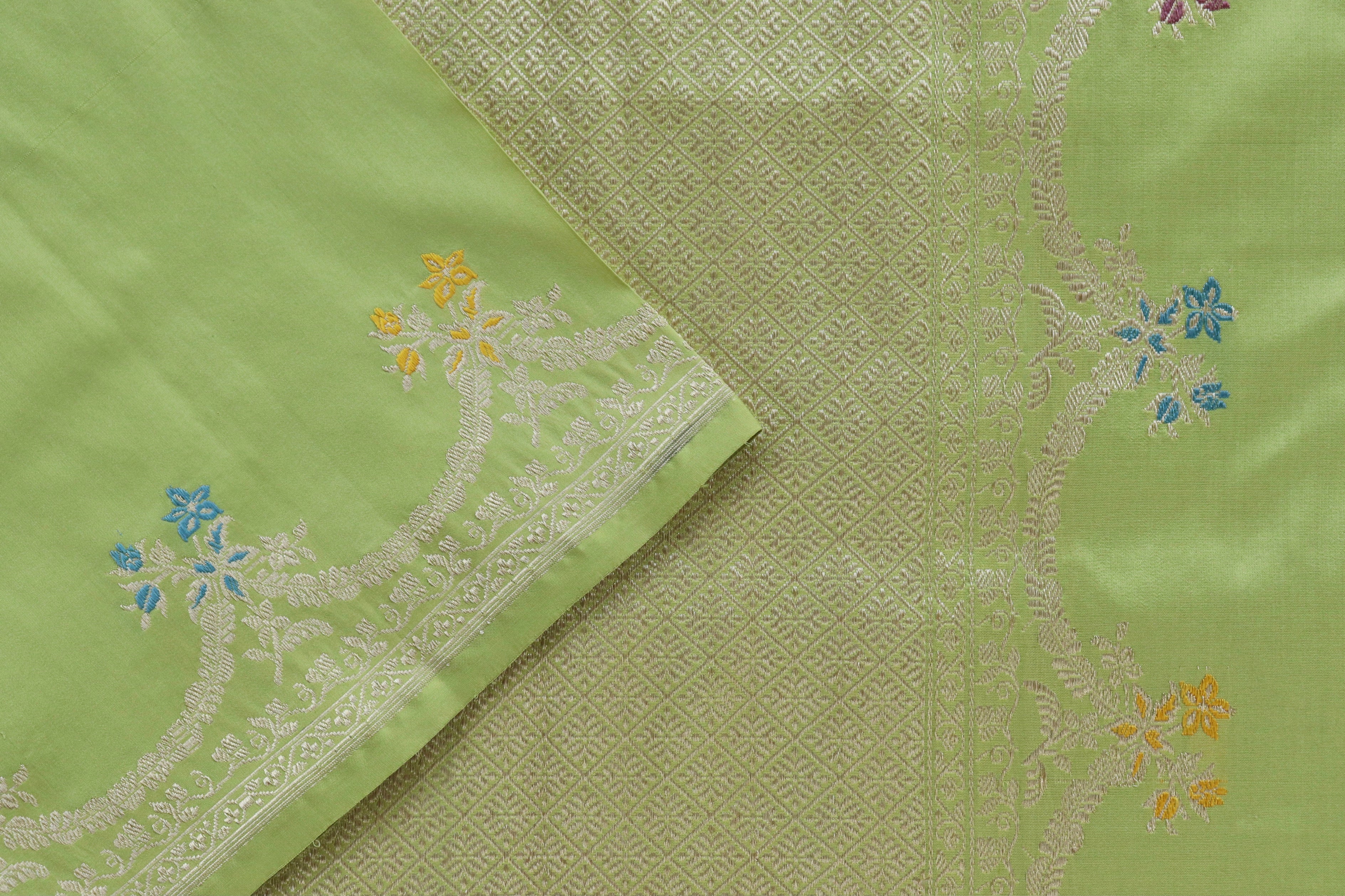 Lime Green Meenadar Kadhua Banarasi Handwoven Silk Sarees