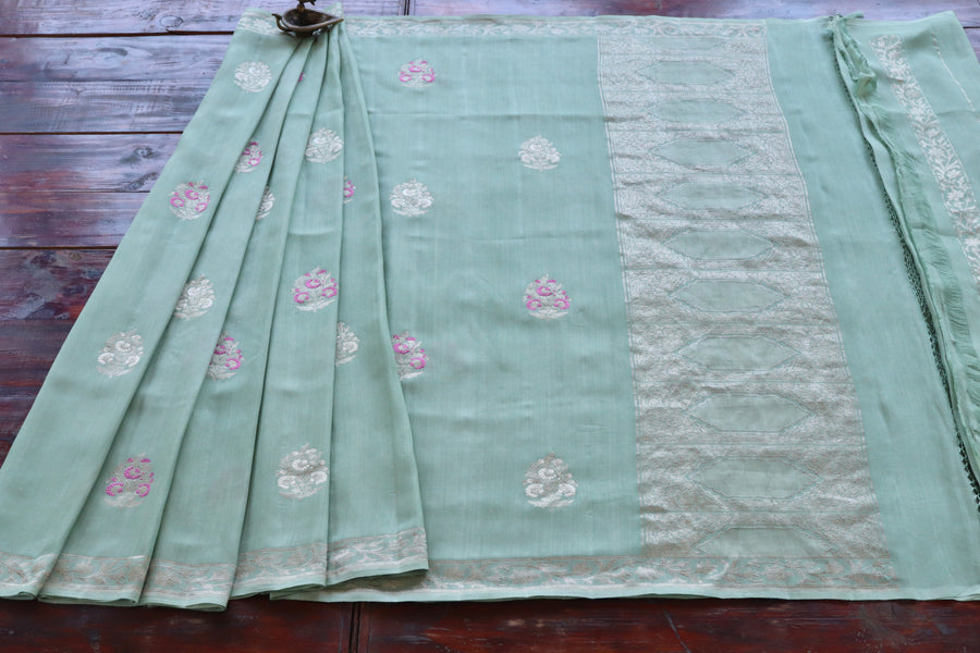 Pistachio Green Kadhua Motif Munga Silk Saree | Stuti Weaves