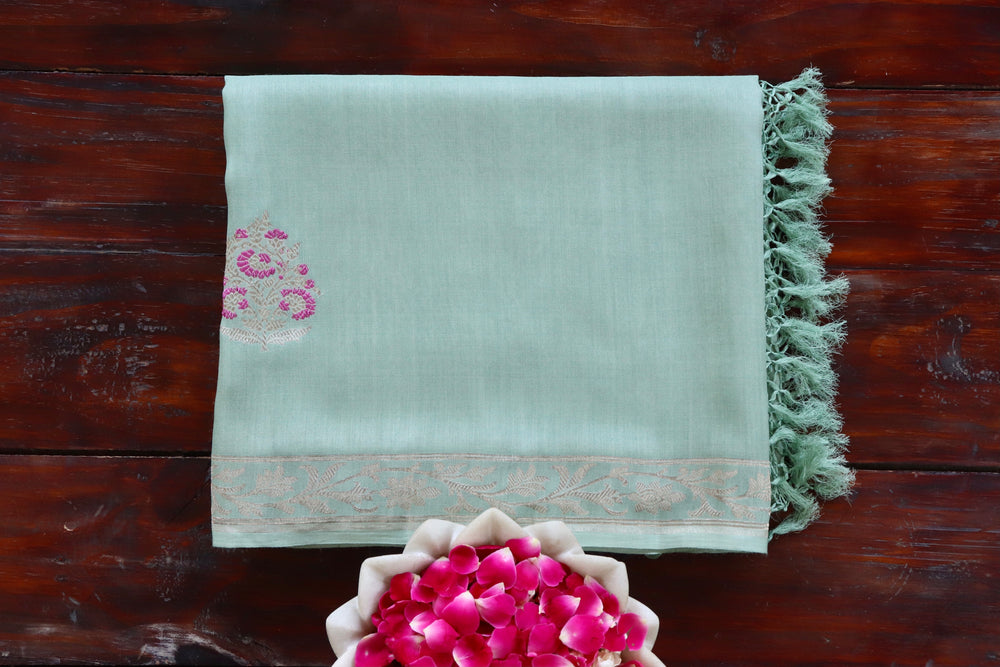 Pistachio Green handloom Banarsi saree with kadhua motifs in Munga silk
