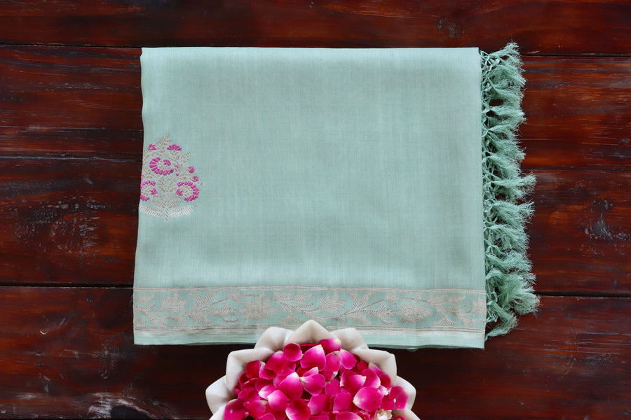 Pistachio Green handloom Banarsi saree with kadhua motifs in Munga silk