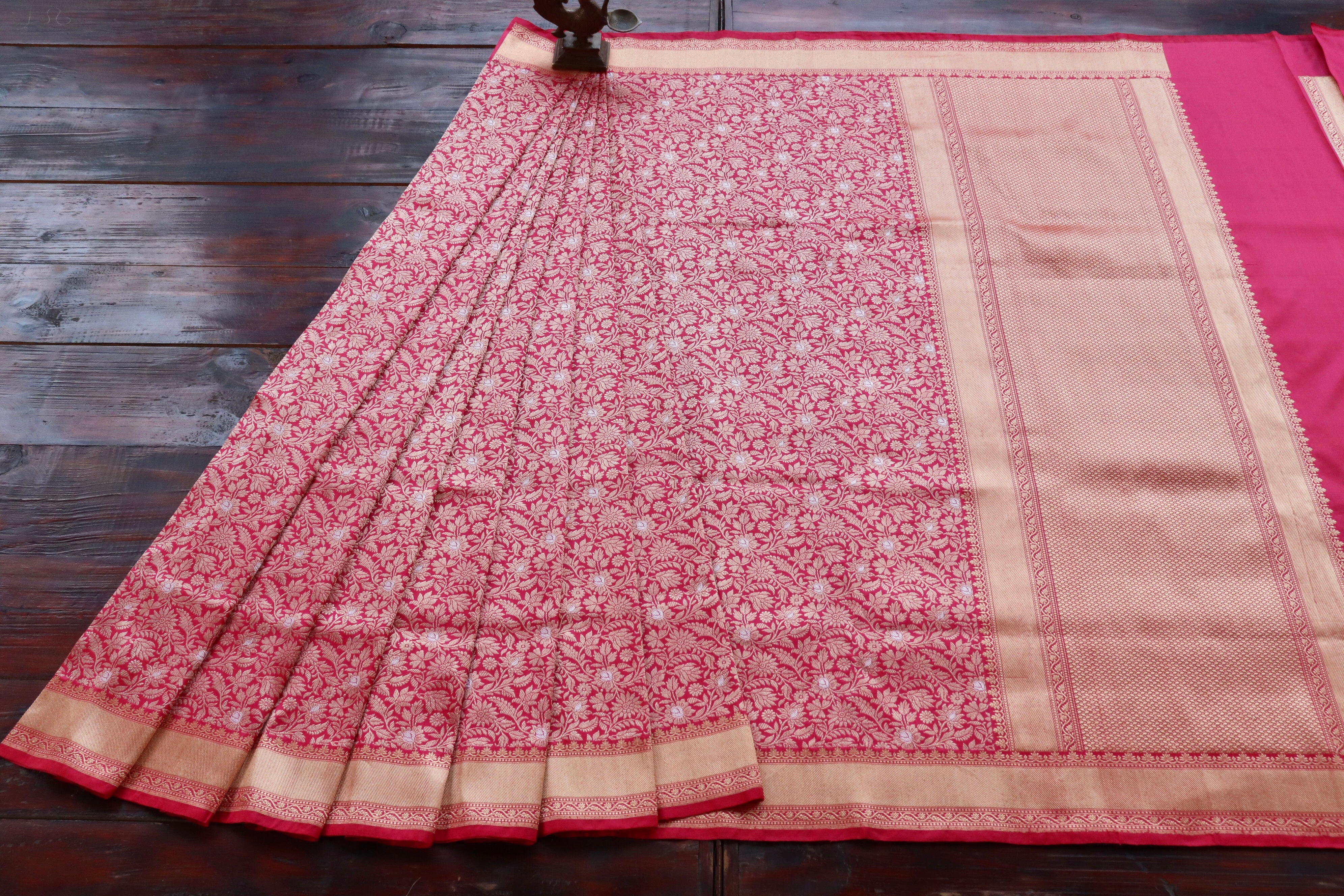 Bright Pink Handwoven Banarasi Tanchoi Silk Saree