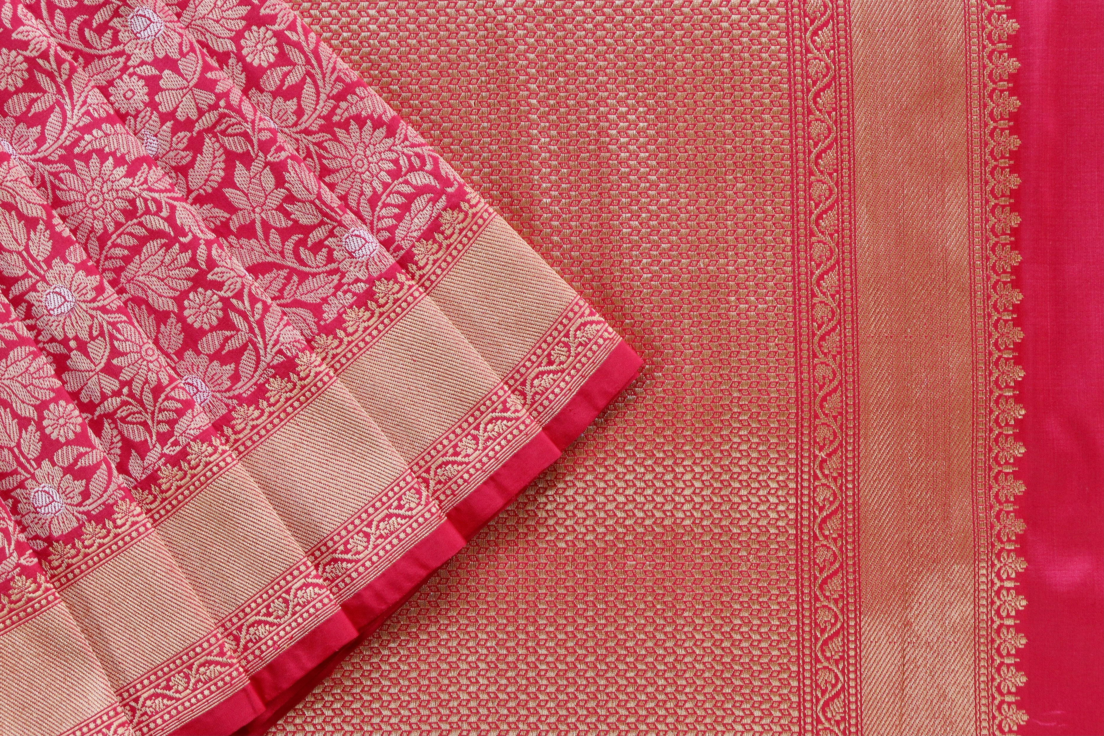 Bright Pink Handwoven Banarasi Tanchoi Silk Saree