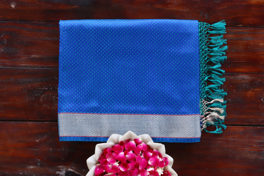 Blue Do Rukhi Katan silk Banarasi saree with densely packed Tanchoi motifs, draped for the camera.