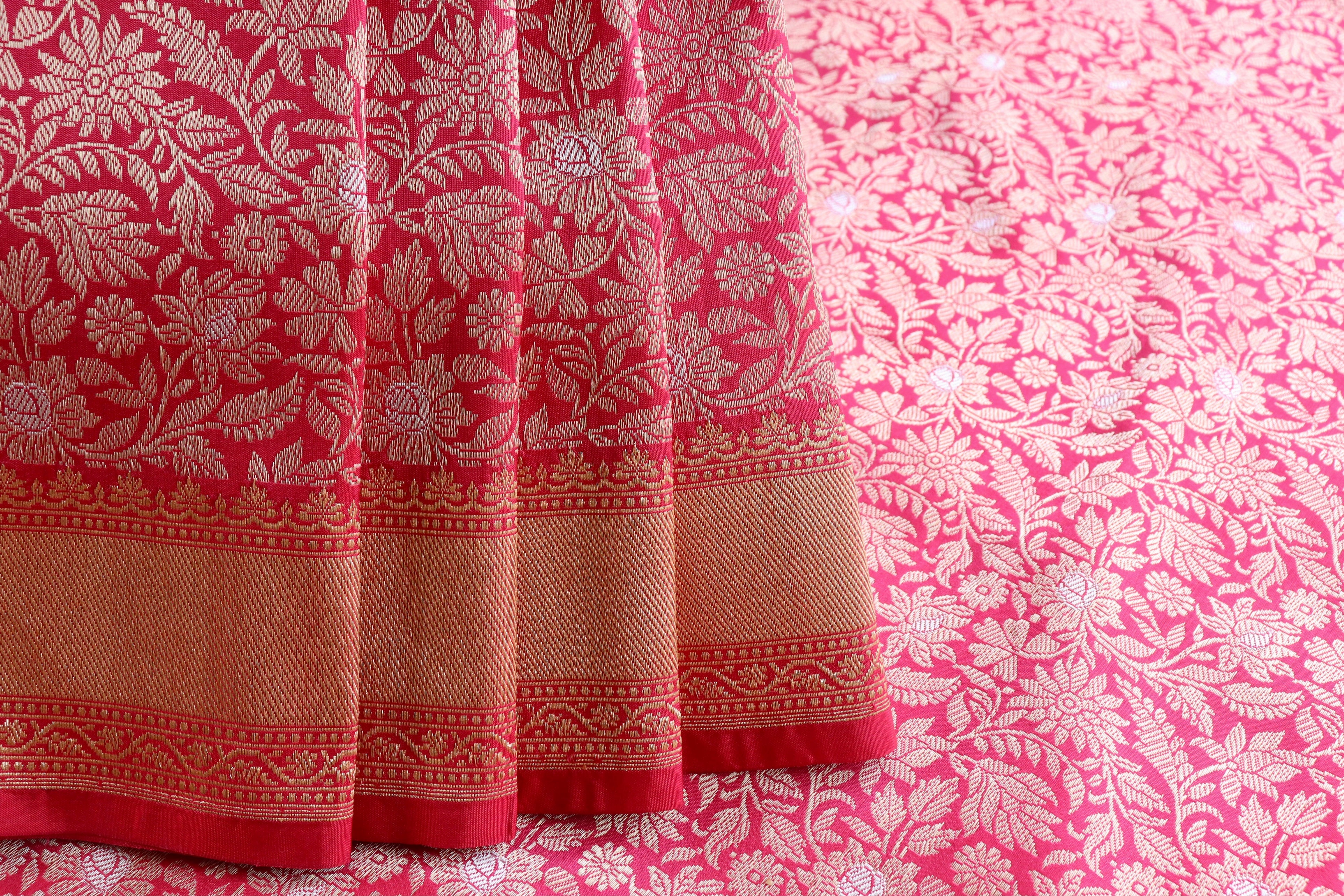 Bright Pink Handwoven Banarasi Tanchoi Silk Saree