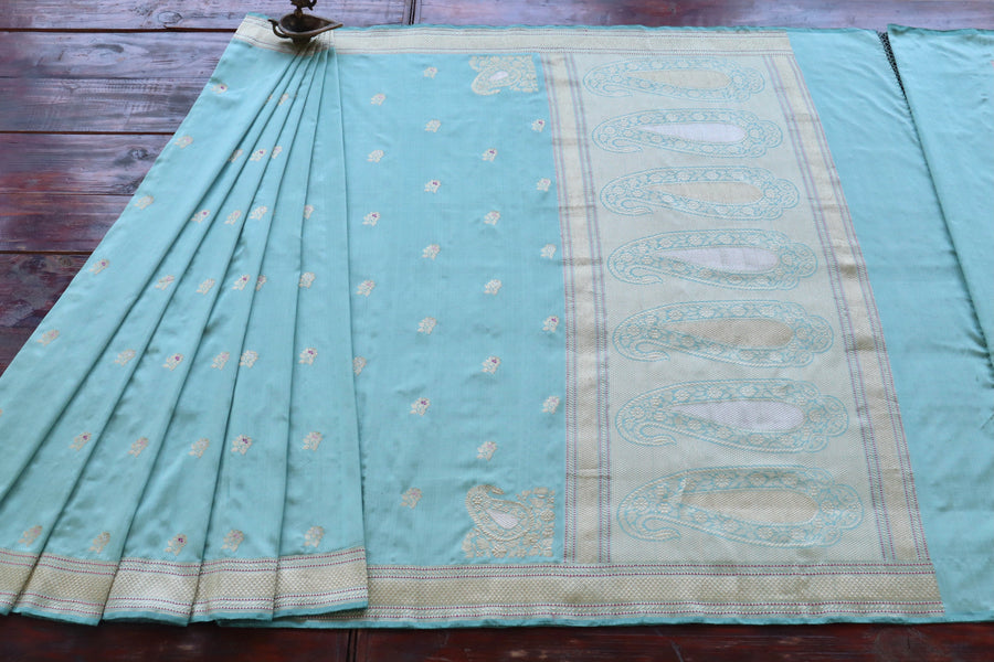Sky Blue Kadhua Motif Pure Silk Handloom Banarasi Saree