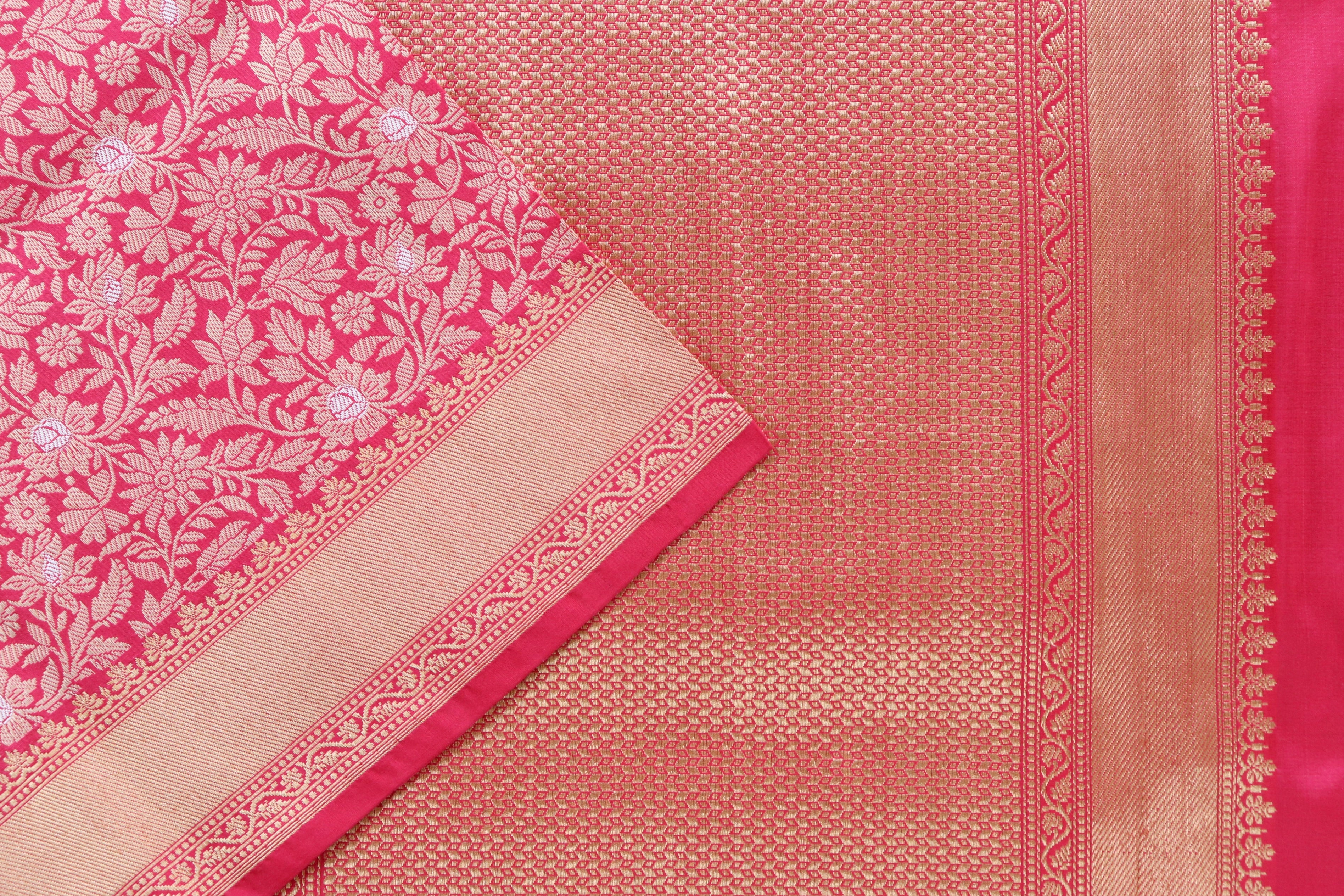 Bright Pink Handwoven Banarasi Tanchoi Silk Saree