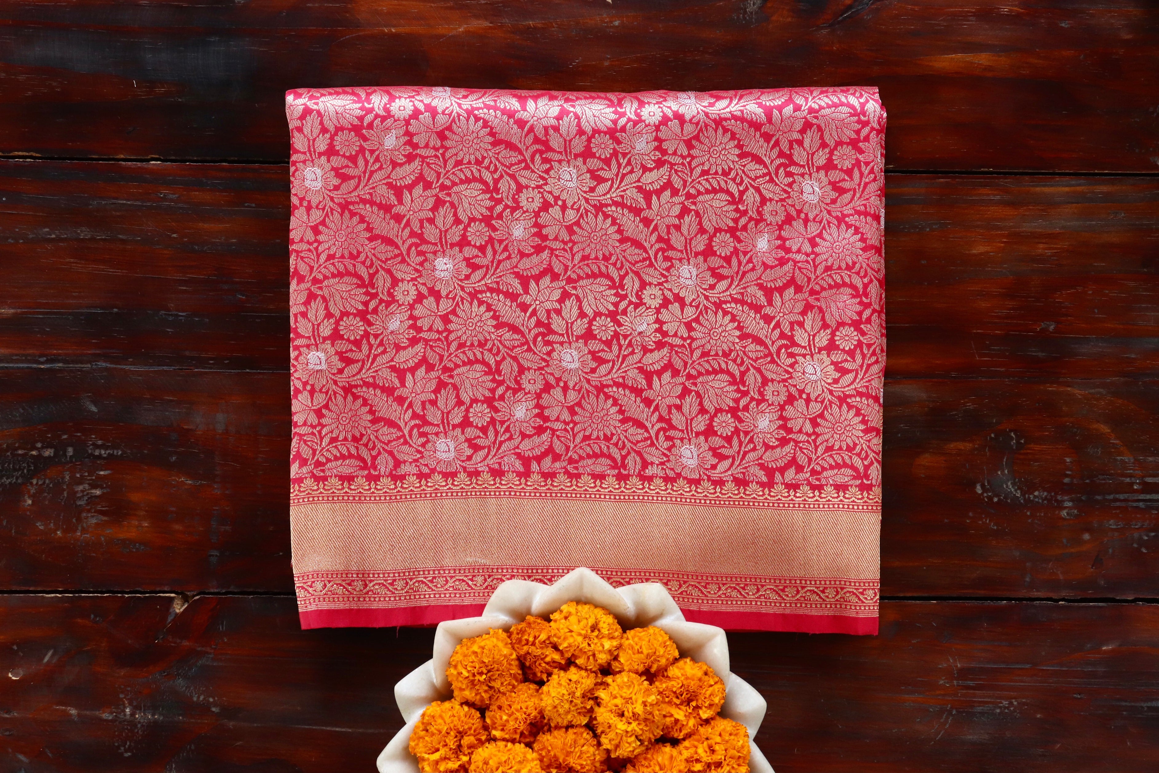 Bright Pink Handwoven Banarasi Tanchoi Silk Saree