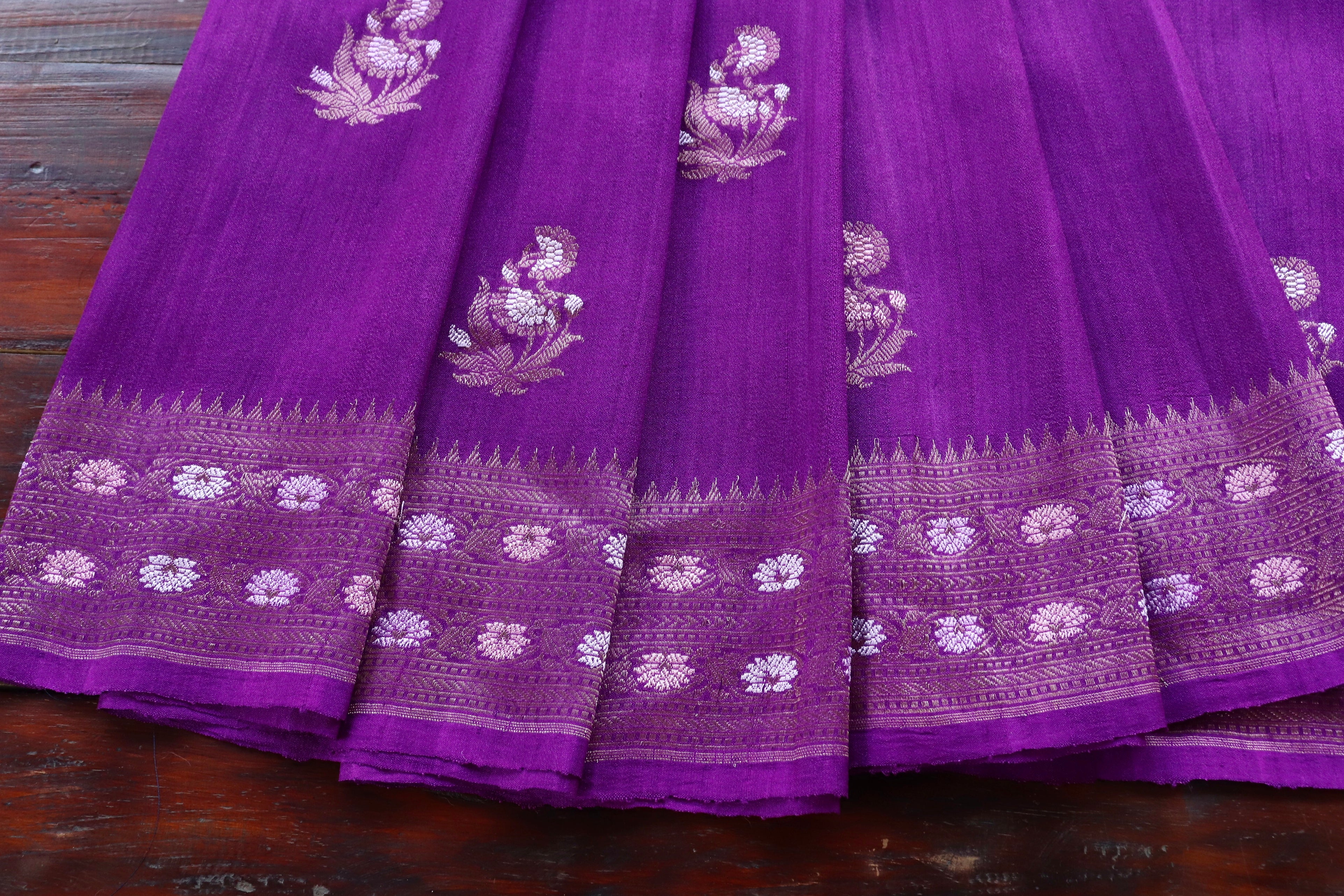 Purple Green Guldasta Motif Handwoven Tussar Silk Saree