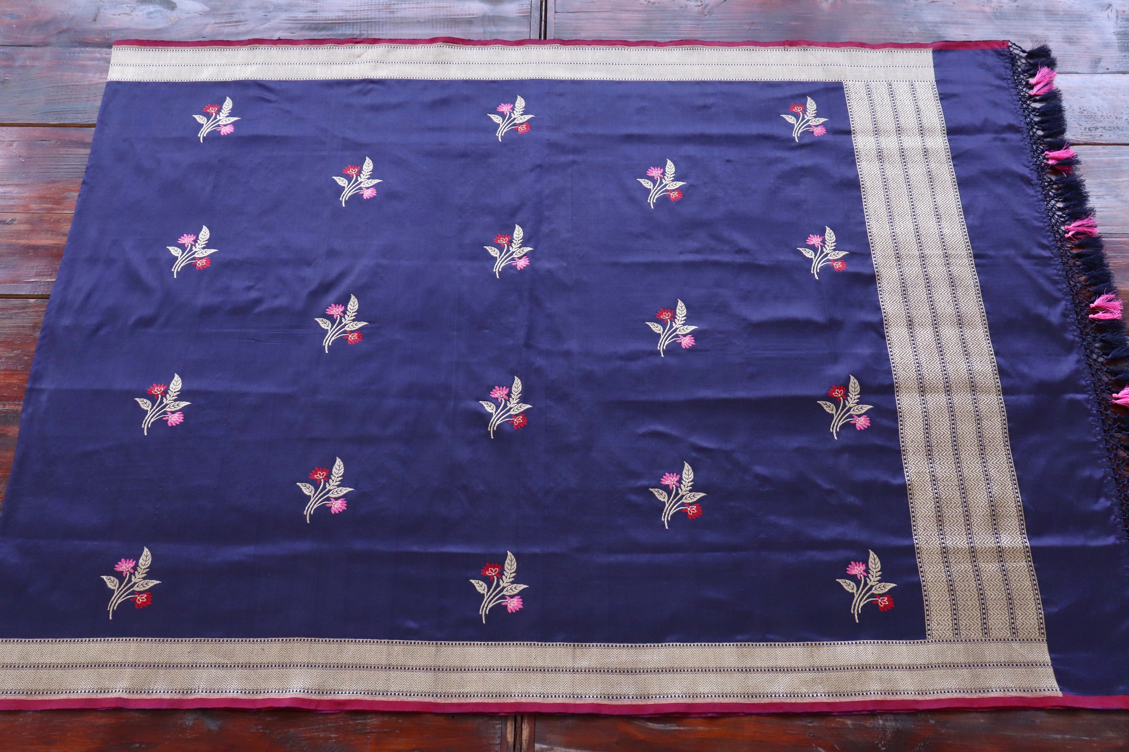 Navy Blue Leaf Motif Pure Silk Handloom Banarasi Dupatta